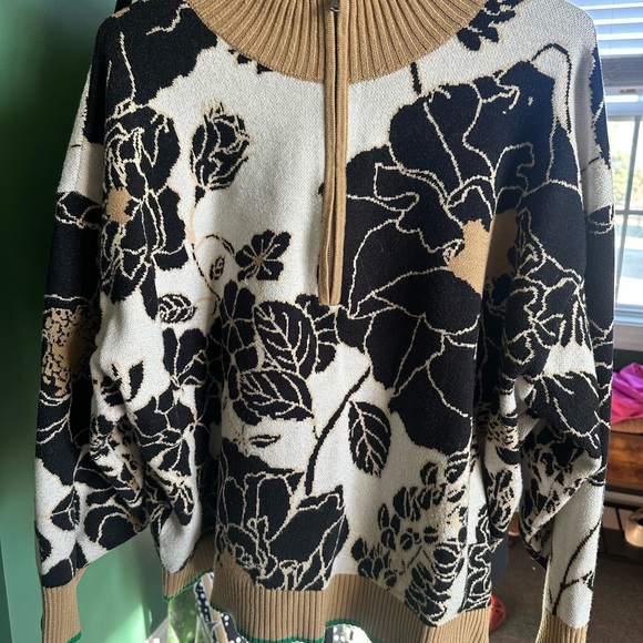 Maeve by Anthropologie Black and White Floral V-Neck Sweater - Picture 2 of 5